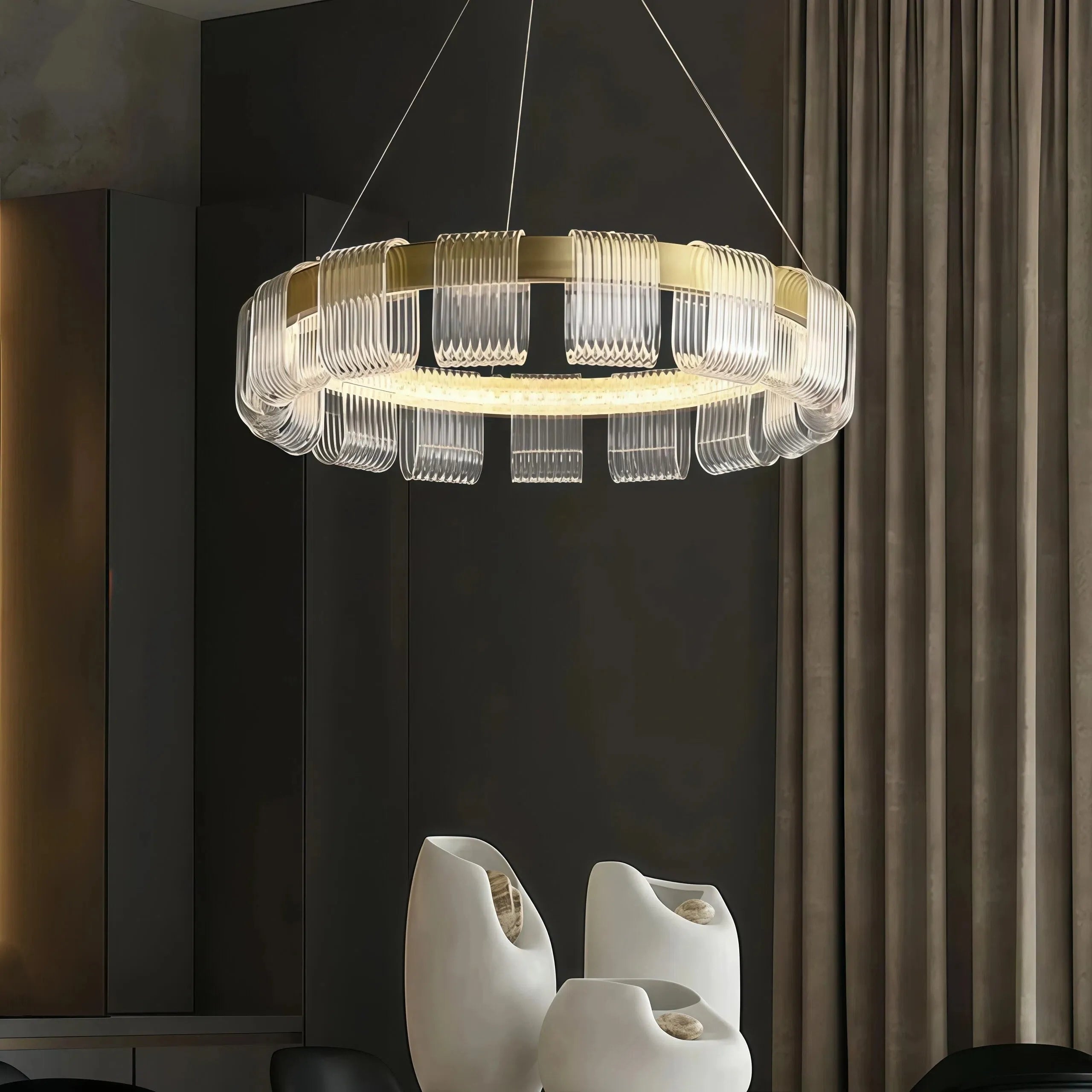 Lampadario contemporaneo LED ad anelli oro dimmerabile per soggiorno