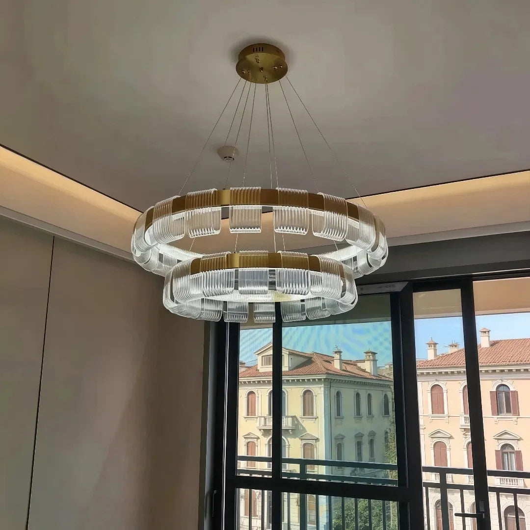 Lampadario contemporaneo LED ad anelli oro dimmerabile per soggiorno