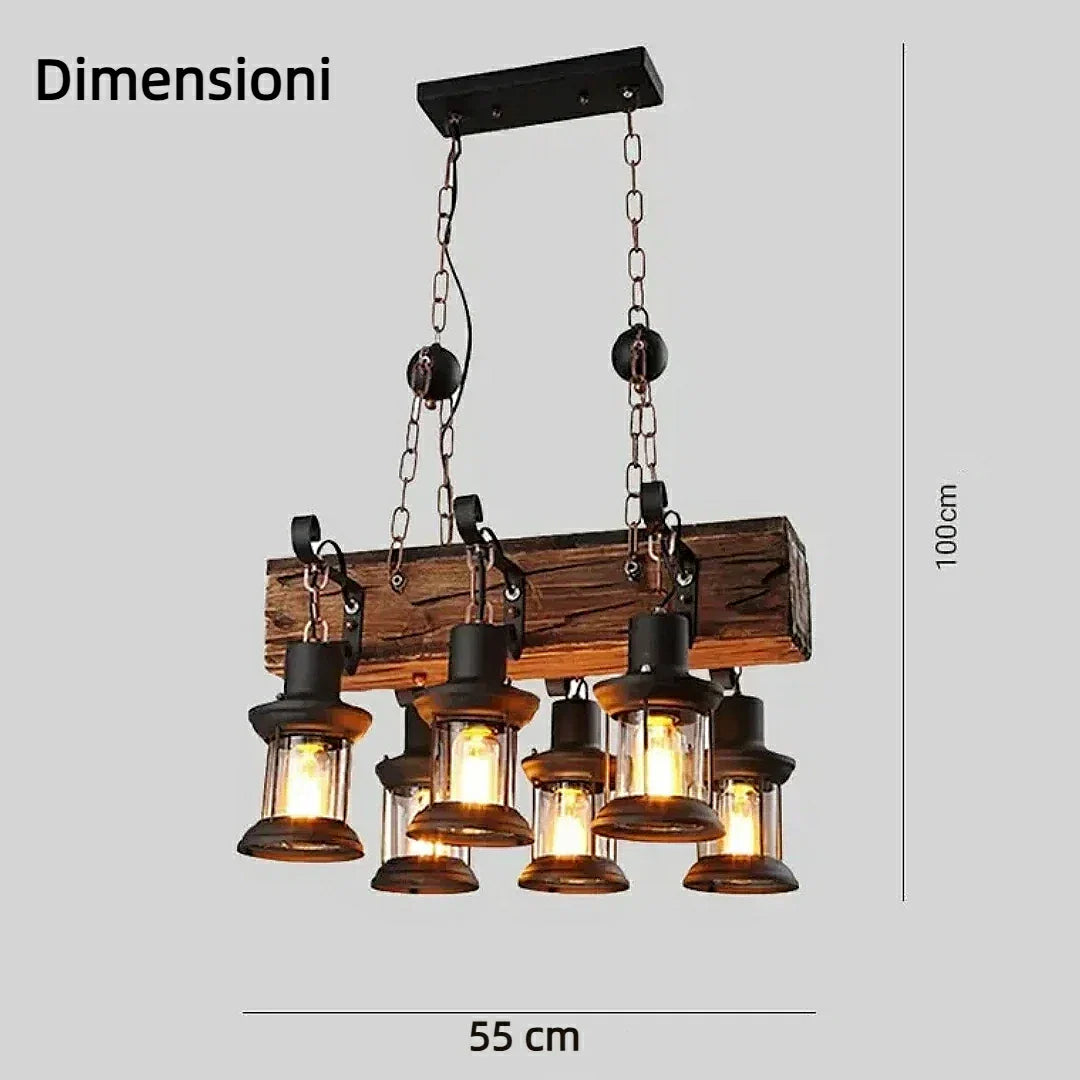 Lampadario in legno rettangolare con 6 lanterne sospese stile rustico per sala da pranzo