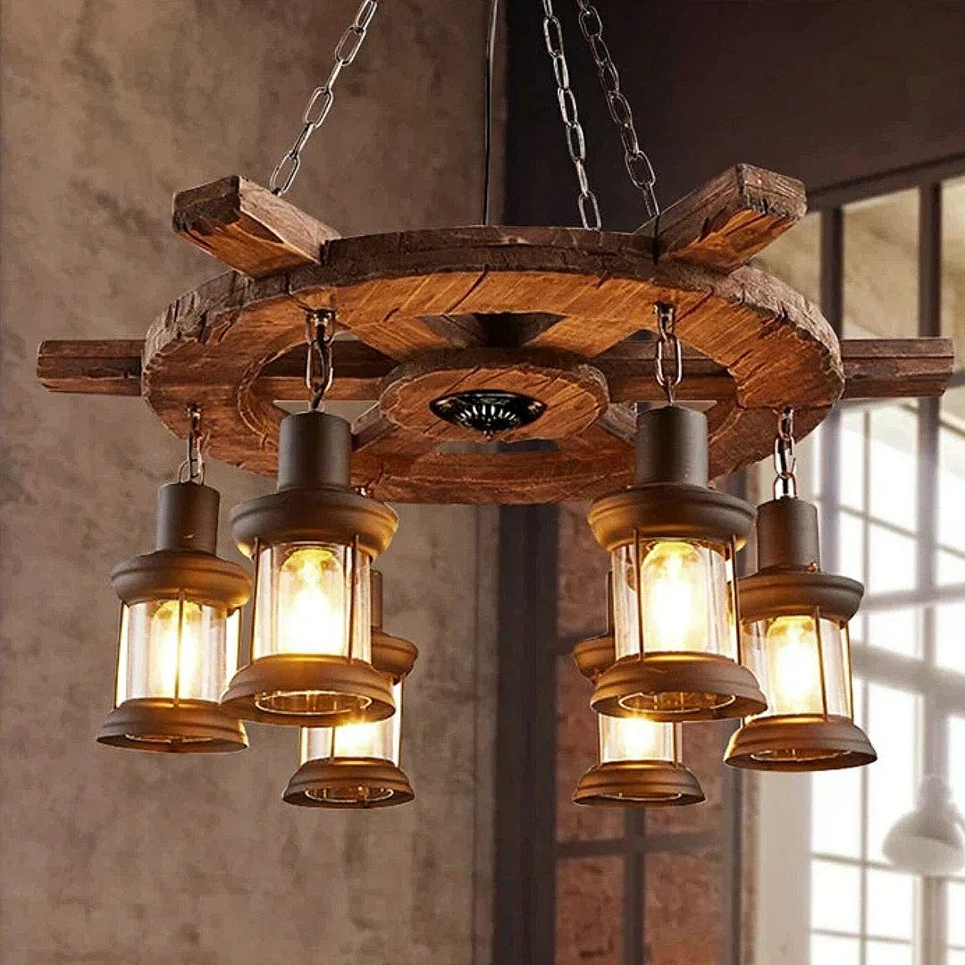 Lampadario vintage in legno e metallo stile rustico con 6 lanterne sospese per sala da pranzo