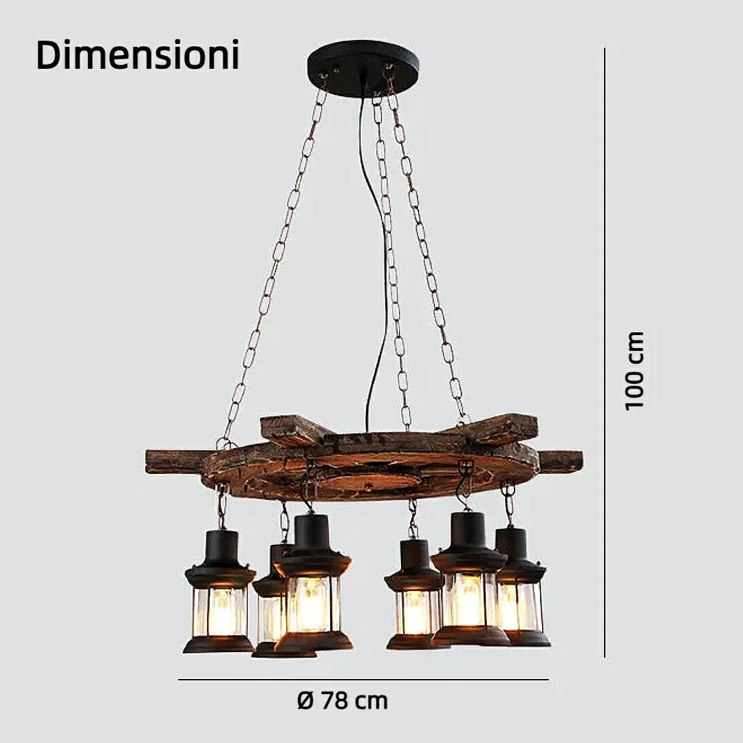 Lampadario vintage in legno e metallo stile rustico con 6 lanterne sospese per sala da pranzo