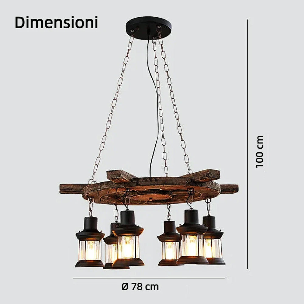 Lampadario vintage in legno e metallo stile rustico con 6 lanterne sospese per sala da pranzo