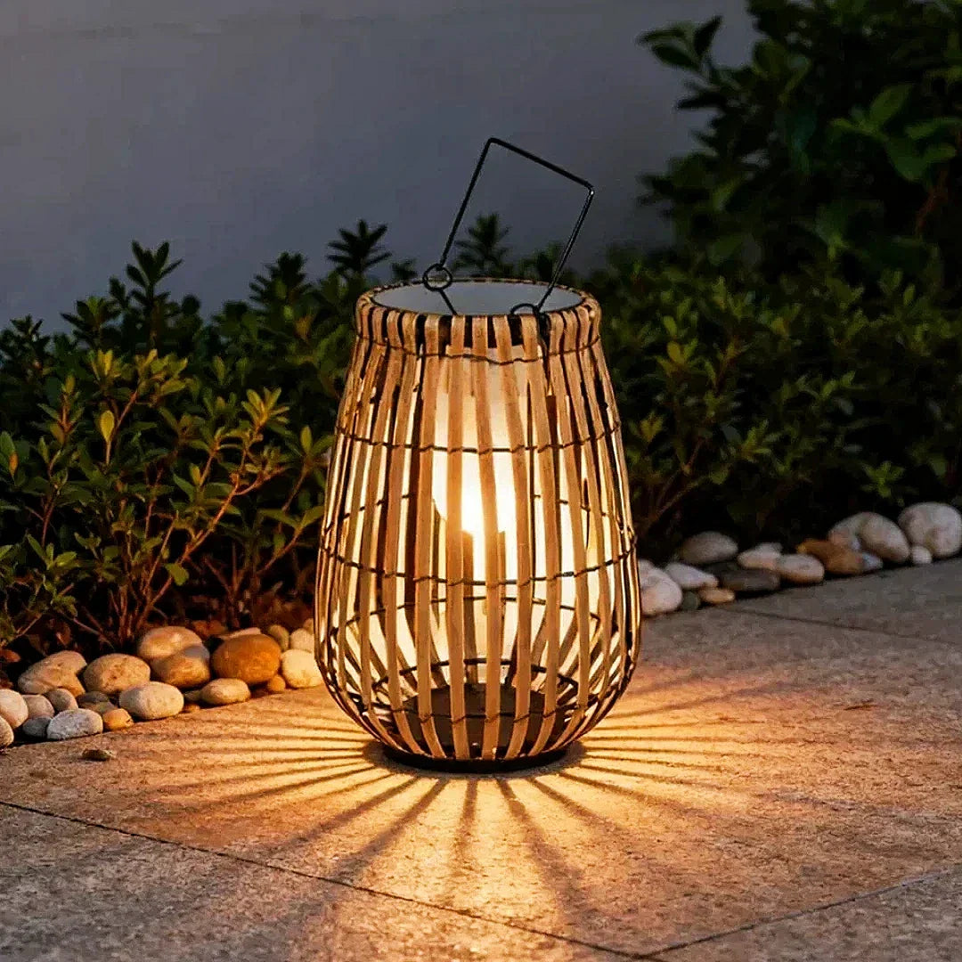 Lanterna solare da esterno in effetto bambù naturale portatile ricaricabile per terrazzo