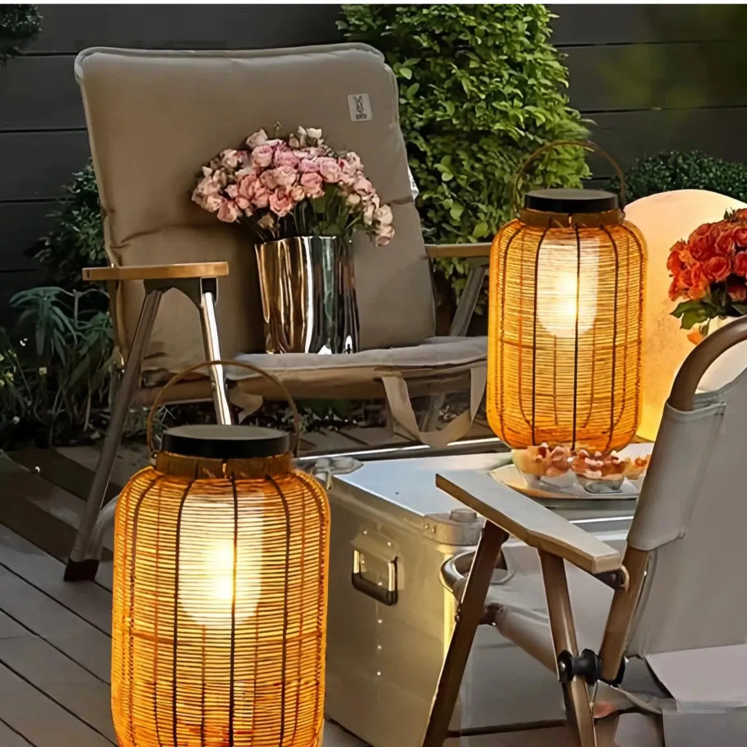 Lanterna solare da pavimento cilindrica in stile boho per balcone