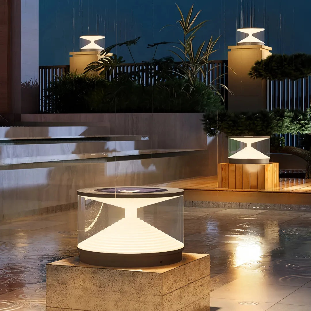 Lampada da pilastro da esterno a LED solare cilindrica con effetto luminoso stratificato per giardino