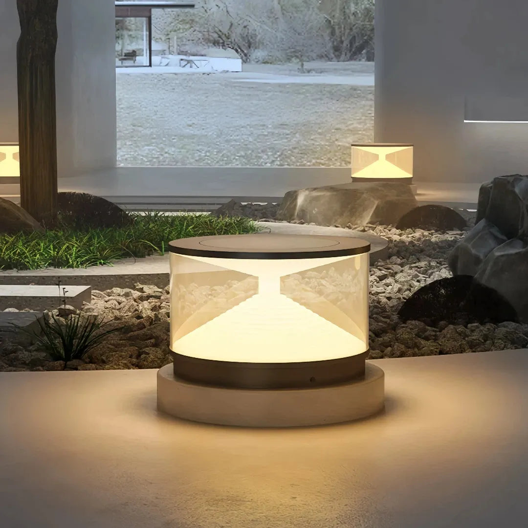 Lampada da pilastro da esterno a LED solare cilindrica con effetto luminoso stratificato per giardino