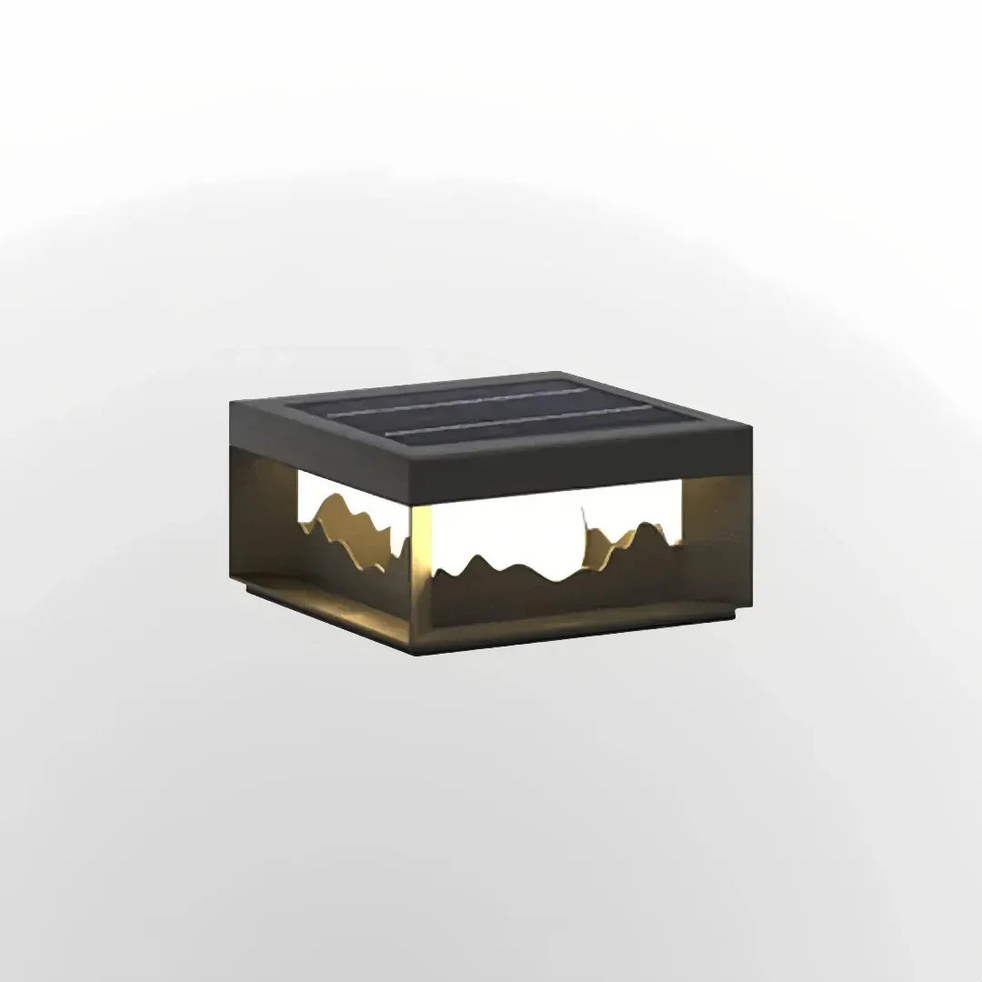 Lampada da pilastro solare a LED nera con motivo montano per giardino dal design moderno
