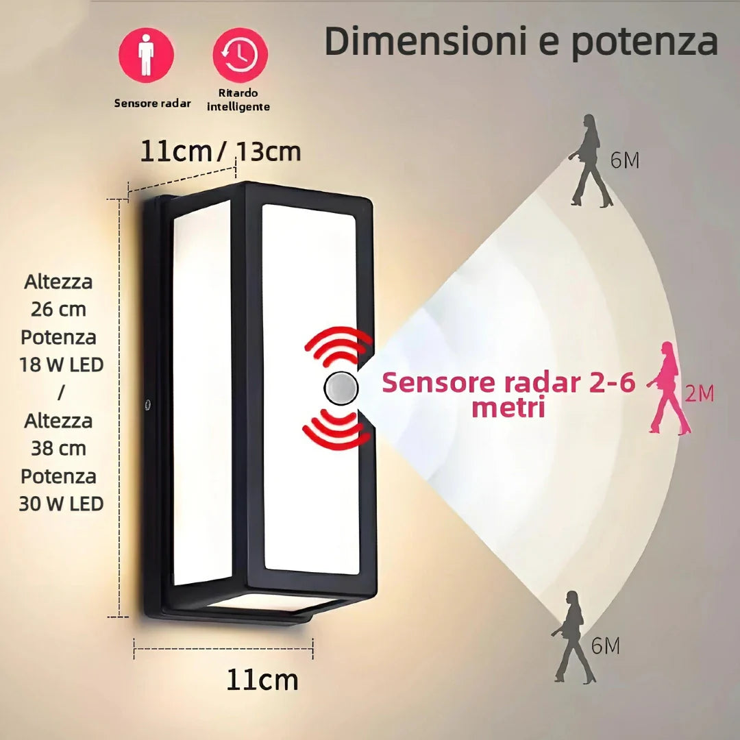 Applique LED da esterno rettangolare con sensore radar di movimento IP65 in metallo nero