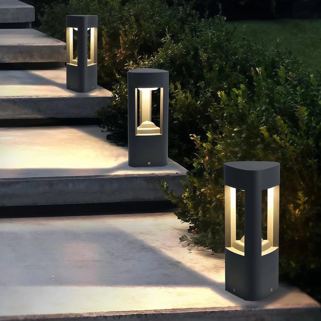 Paletto LED da giardino moderno nero a 3 montanti con struttura aperta