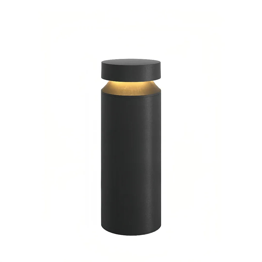 Paletto da giardino LED cilindrico nero con testa a cappello e design minimalista