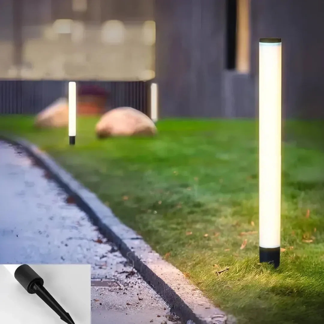 Paletto luminoso cilindrico da esterni nero a LED con design minimalista per giardino