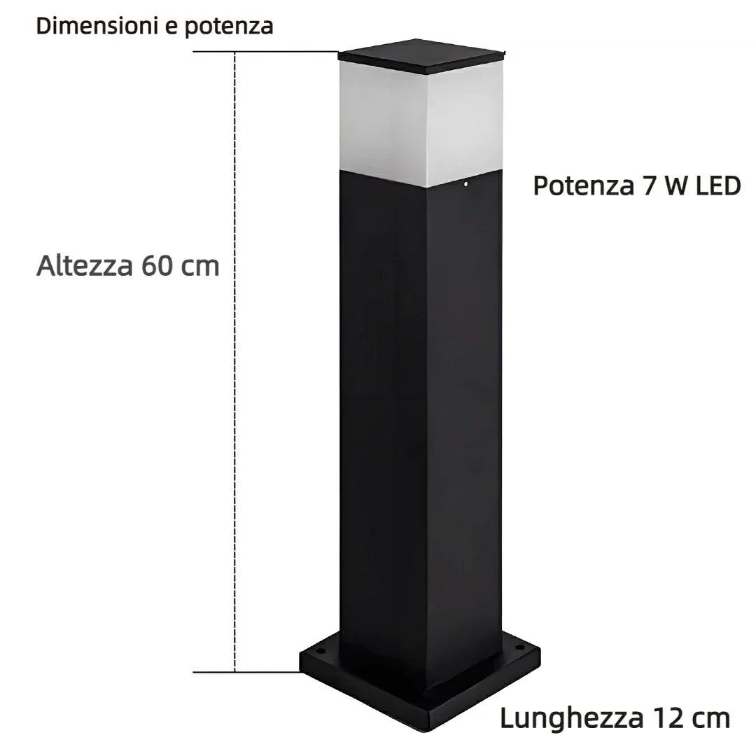 Paletto luminoso da giardino a colonna quadrata minimalista nero a LED altezza 60 cm