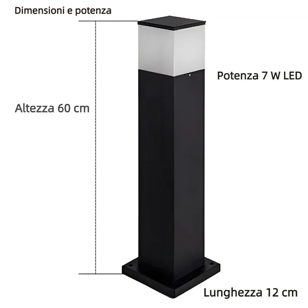 Paletto luminoso da giardino a colonna quadrata minimalista nero a LED altezza 60 cm