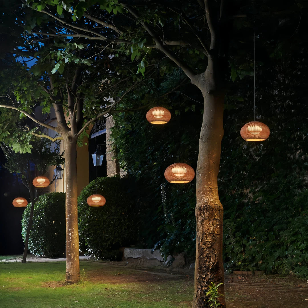Lampada a sospensione da esterno a LED boho effetto rattan a lanterna per terrazza