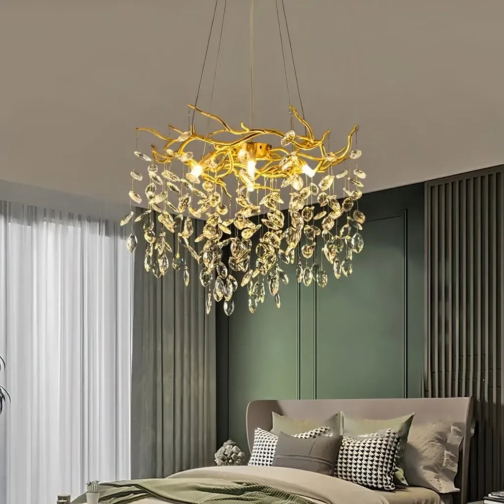 Lampadario con pendenti in cristallo oro stile lusso moderno per soggiorno