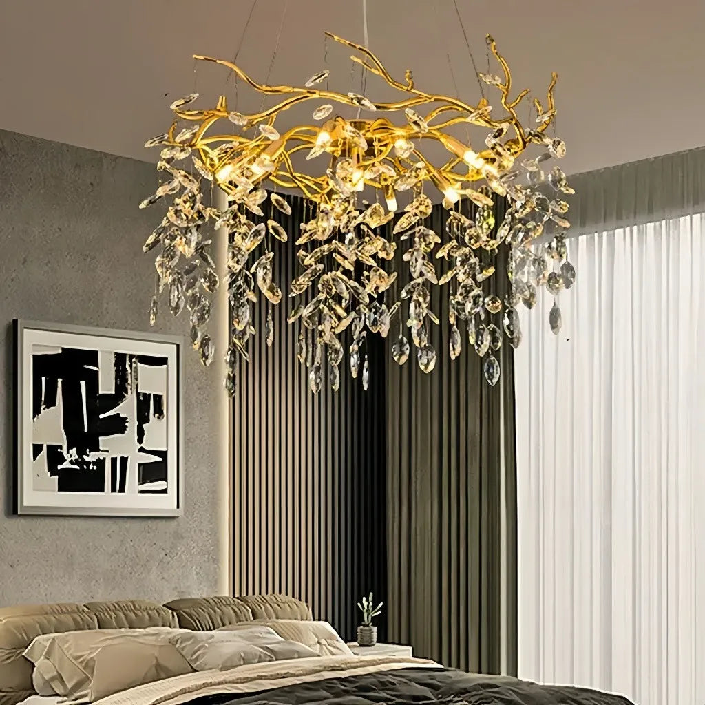 Lampadario con pendenti in cristallo oro stile lusso moderno per soggiorno