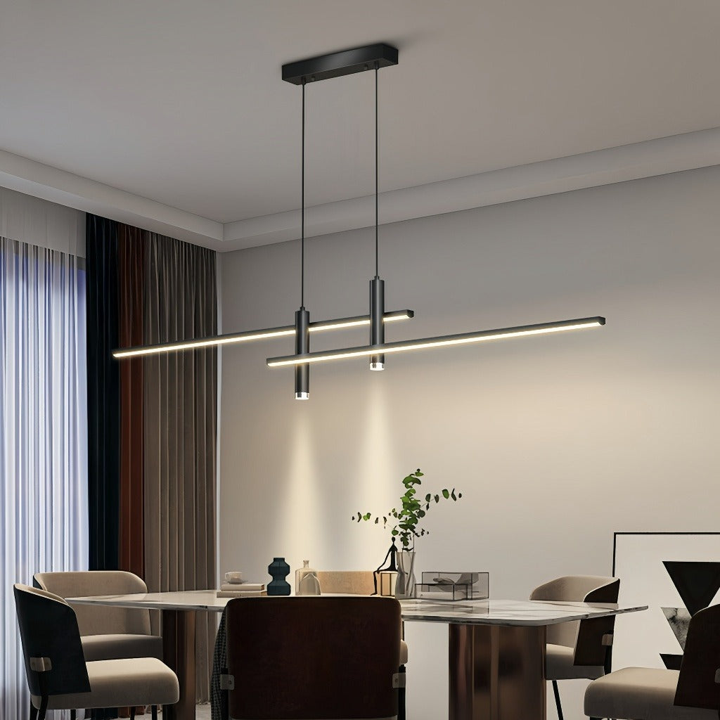 Lampada lineare a sospensione minimal per isola cucina con LED dimmerabile e doppia luce spot