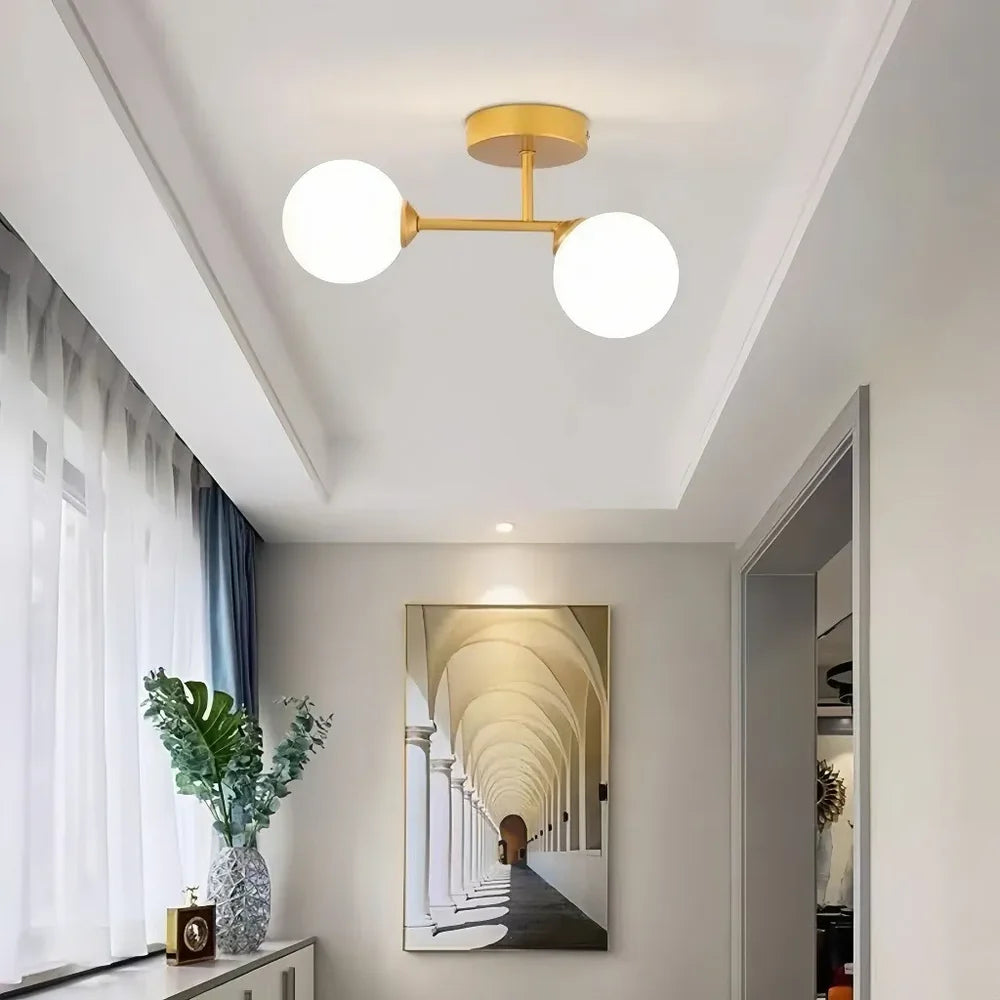 Plafoniera LED in vetro a due sfere bianche dal design moderno dimmerabile