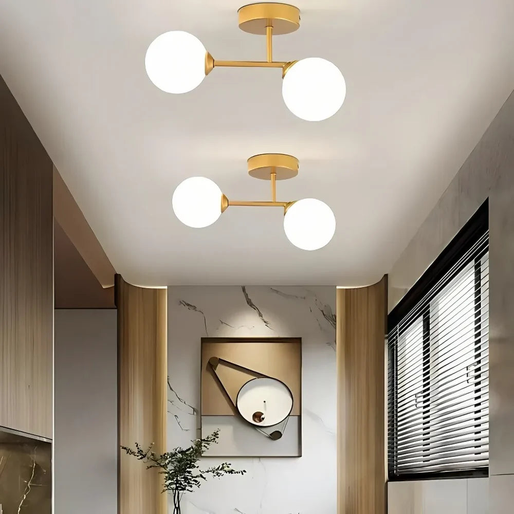 Plafoniera LED in vetro a due sfere bianche dal design moderno dimmerabile