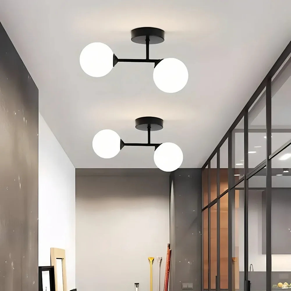 Plafoniera LED in vetro a due sfere bianche dal design moderno dimmerabile