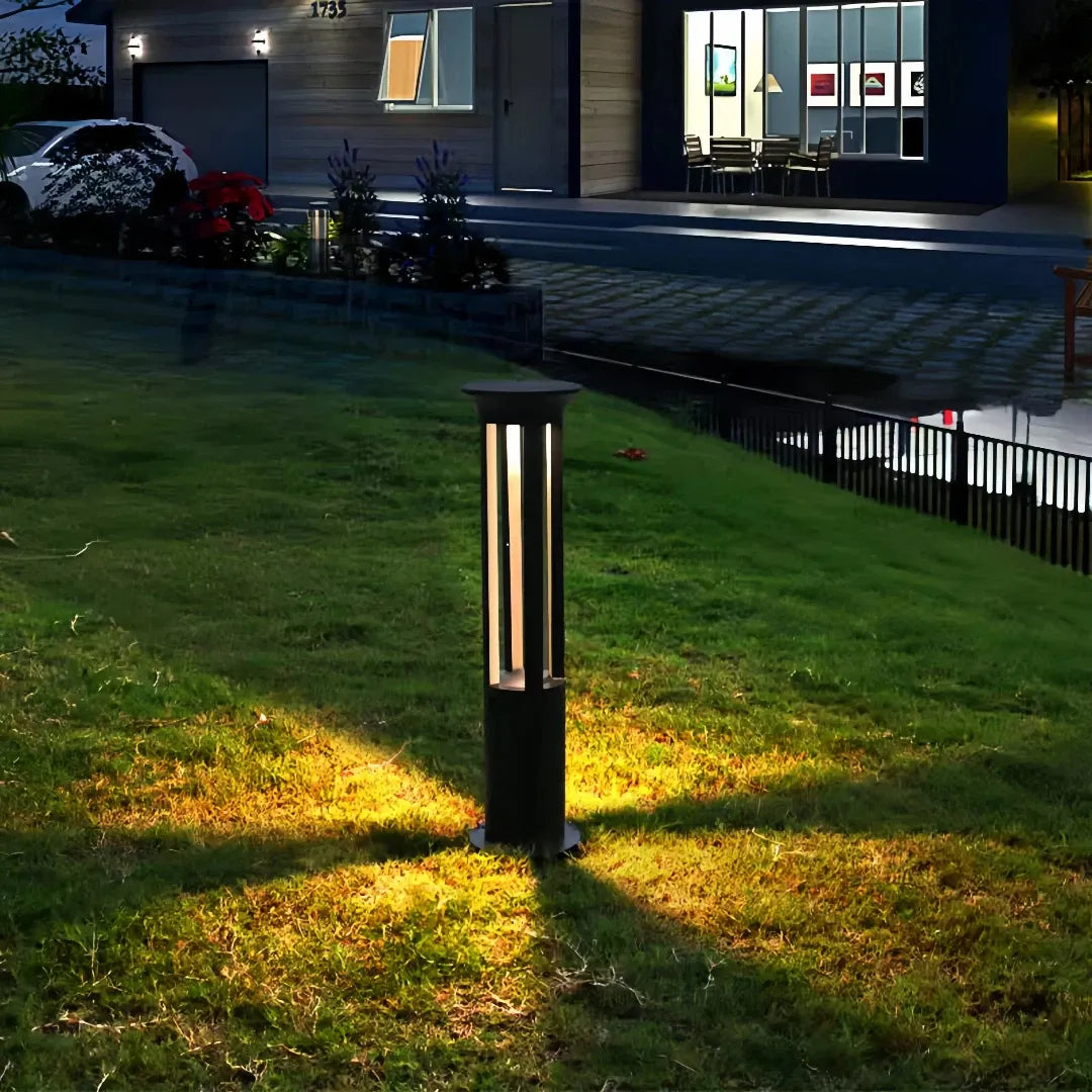 Paletto solare LED da giardino cilindrico nero con illuminazione su 4 lati e design moderno