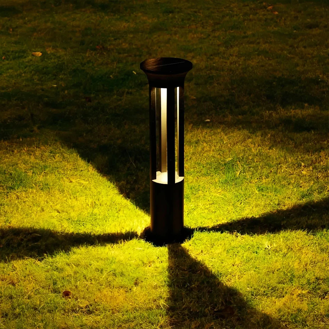 Paletto solare LED da giardino cilindrico nero con illuminazione su 4 lati e design moderno