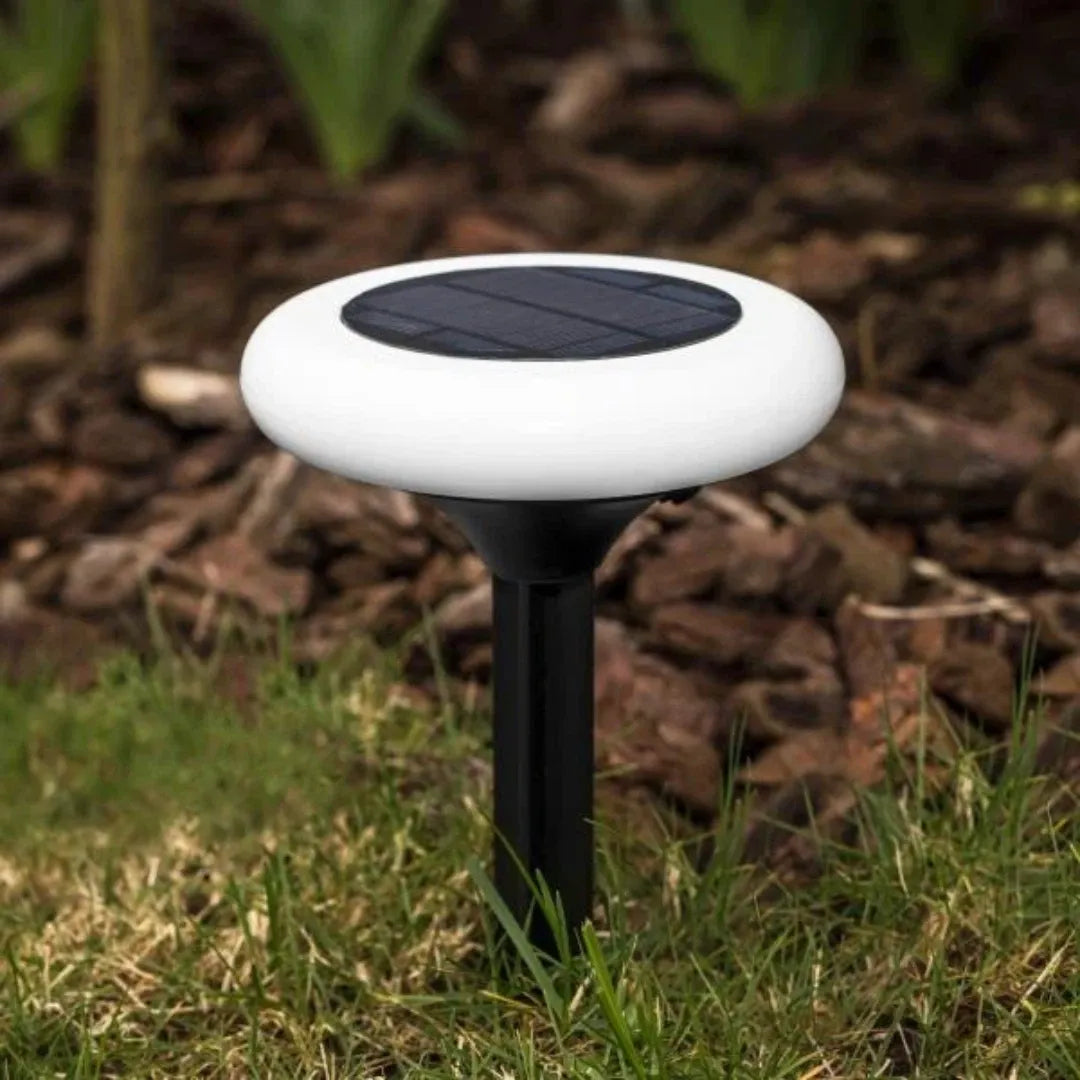 Lampada solare da giardino con picchetto a disco LED RGB in stile minimal