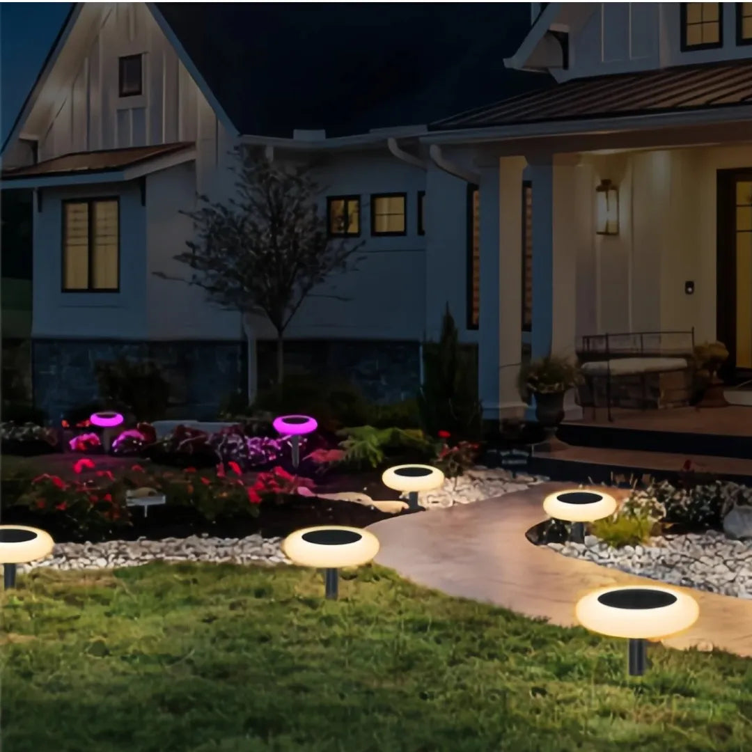 Lampada solare da giardino con picchetto a disco LED RGB in stile minimal