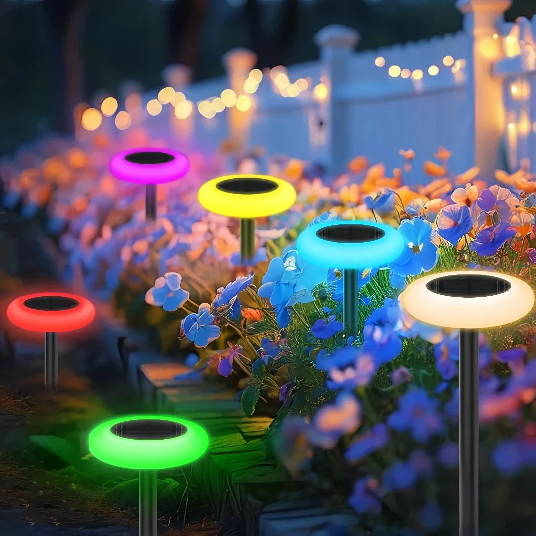 Lampada solare da giardino con picchetto a disco LED RGB in stile minimal