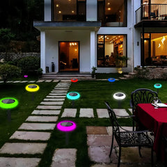 Lampada solare da giardino con picchetto a disco LED RGB in stile minimal