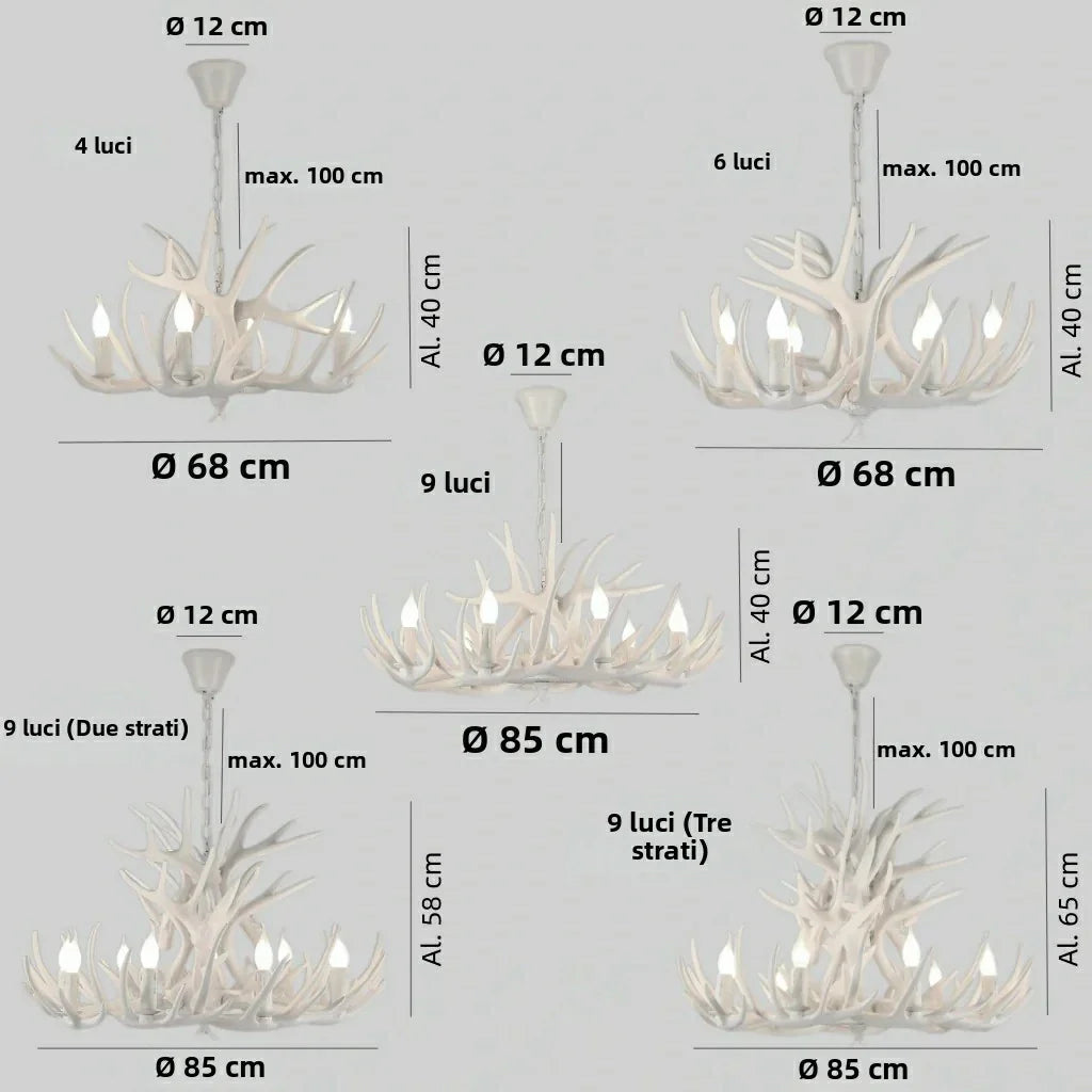 Lampadario con corna di cervo bianco stile chalet per soggiorno