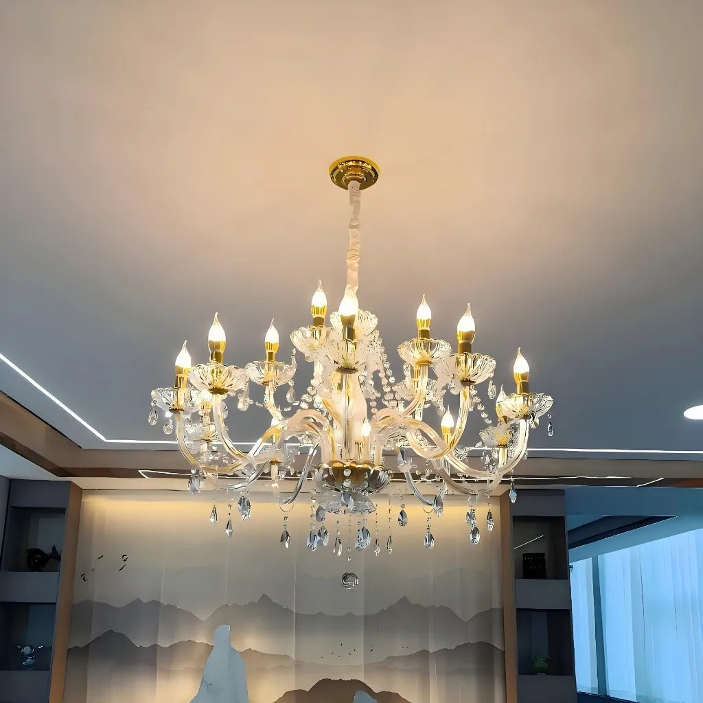 Lampadario classico in cristallo a candelabro con più bracci per sala da pranzo