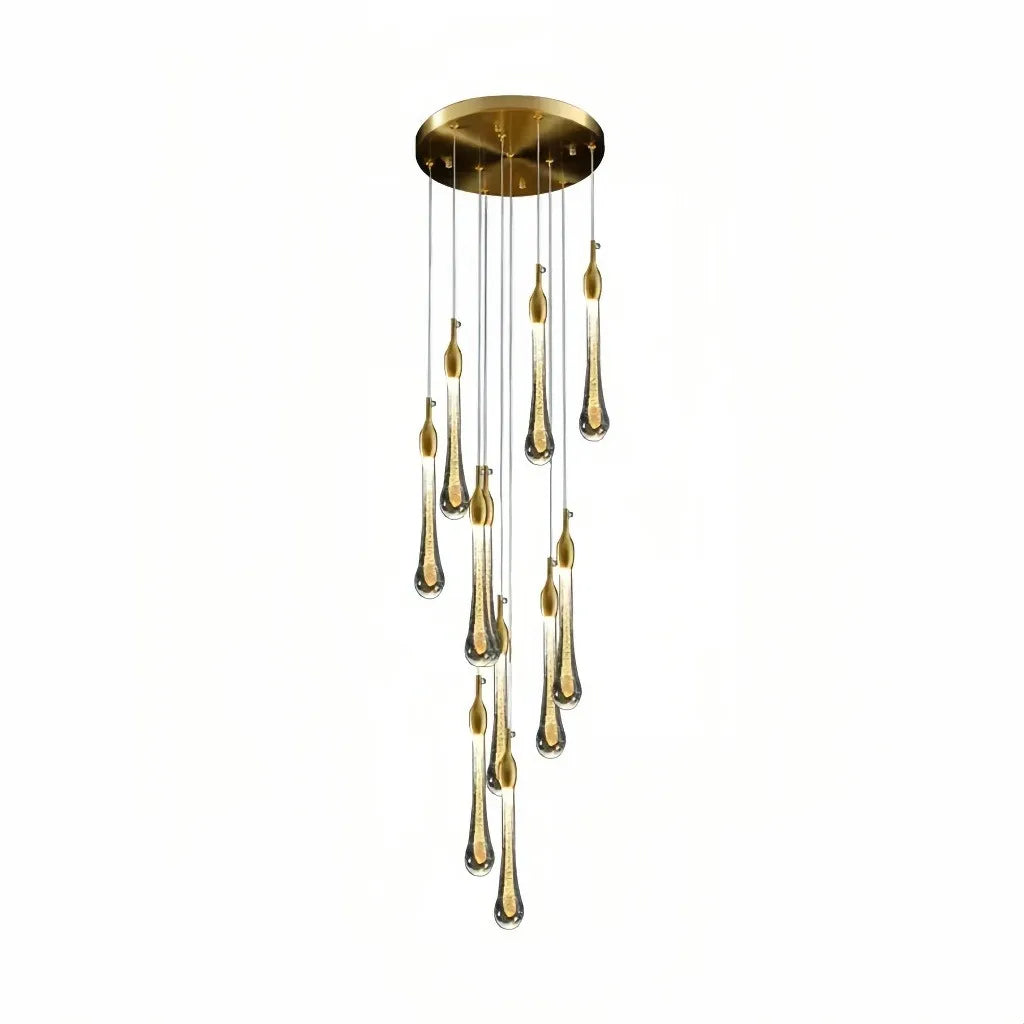 Lampadario a spirale con pendenti a goccia in cristallo finitura oro per scale interne