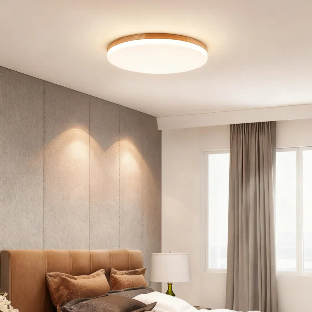 Plafoniera LED rotonda sottile dimmerabile in legno in stile nordico per camera da letto