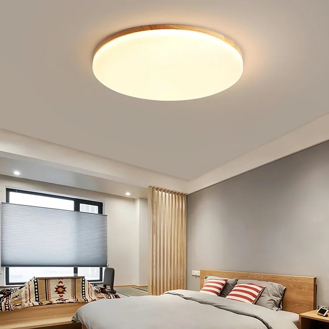 Plafoniera LED rotonda sottile dimmerabile in legno in stile nordico per camera da letto