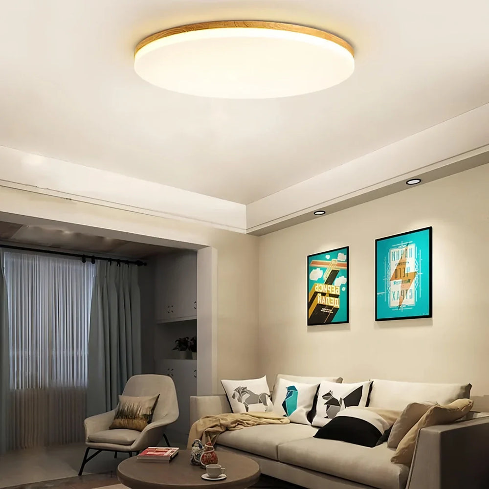 Plafoniera LED rotonda sottile dimmerabile in legno in stile nordico per camera da letto