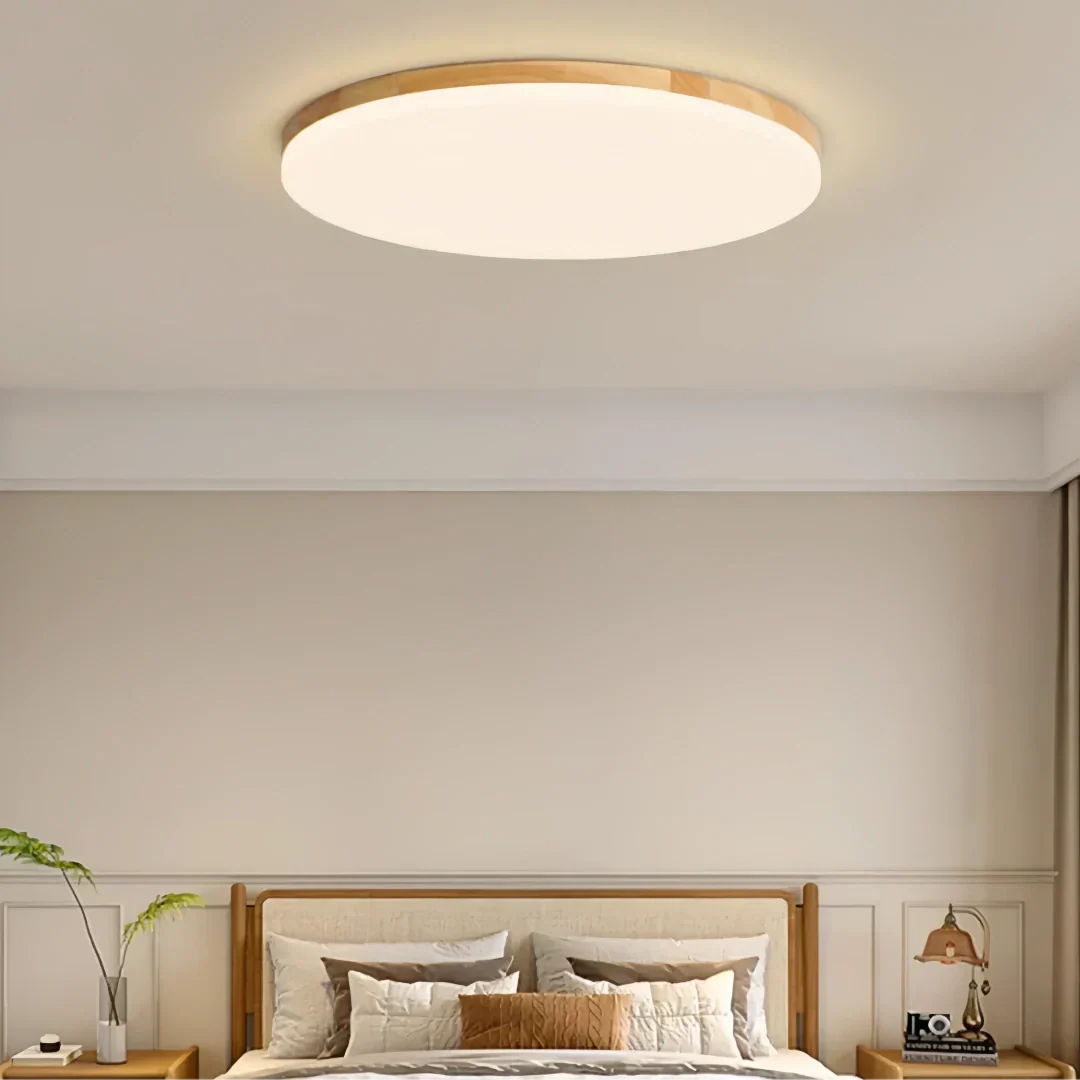 Plafoniera LED rotonda sottile dimmerabile in legno in stile nordico per camera da letto