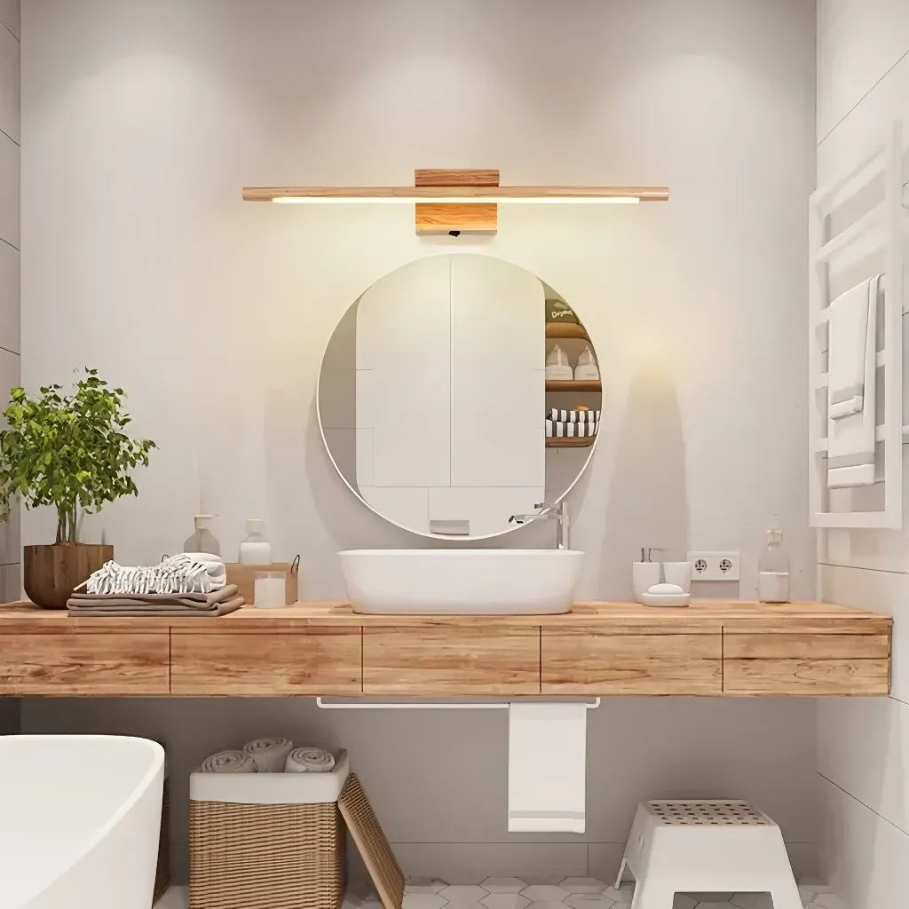 Applique da specchio per bagno a LED dimmerabile in legno design nordico lineare