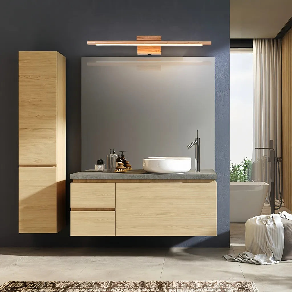 Applique da specchio per bagno a LED dimmerabile in legno design nordico lineare