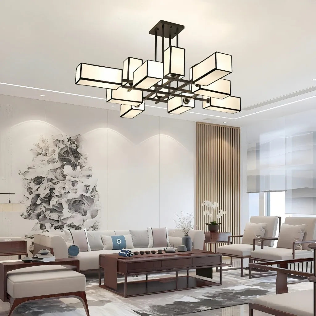 Lampadario moderno geometrico rettangolare con diffusore in tessuto per soggiorno