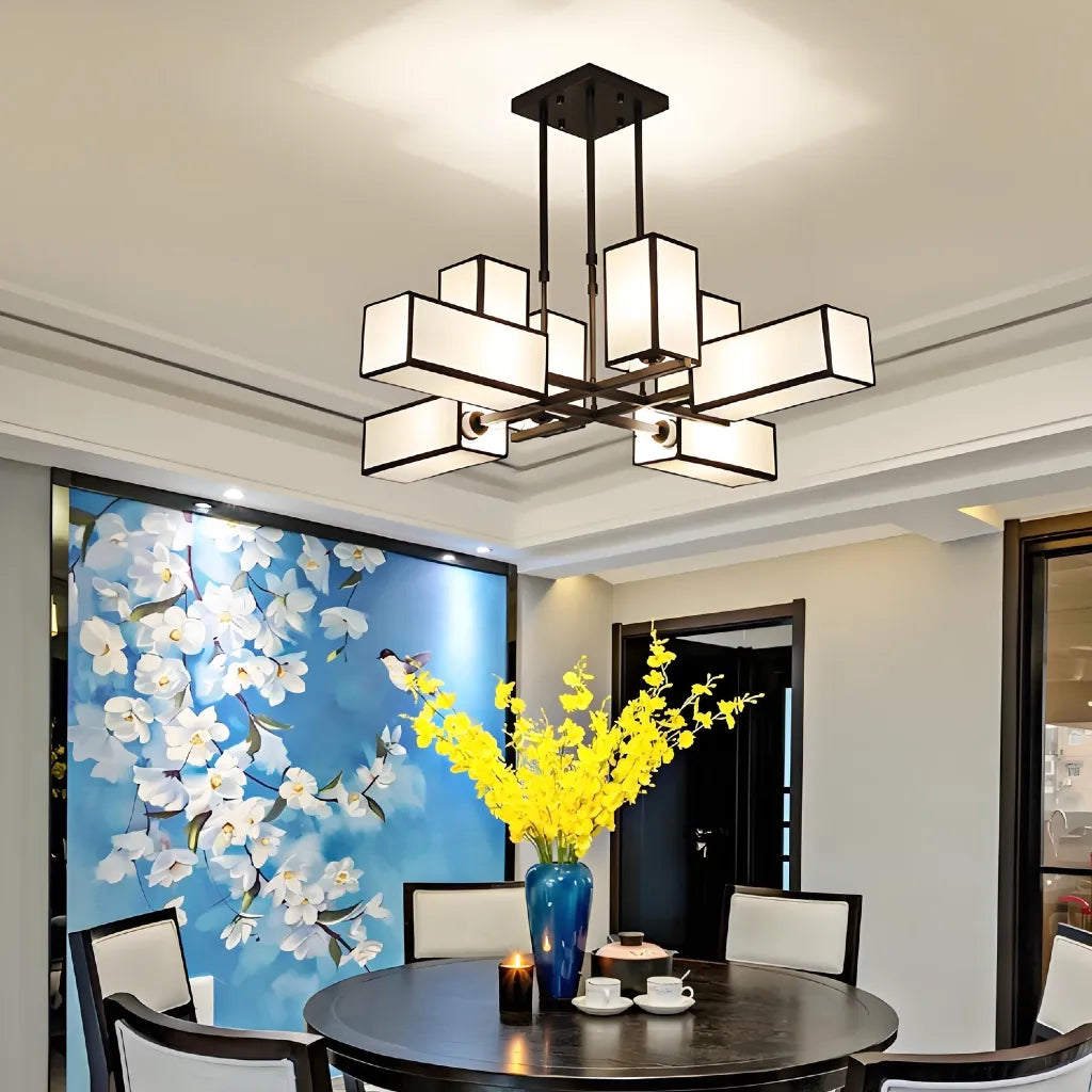 Lampadario moderno geometrico rettangolare con diffusore in tessuto per soggiorno
