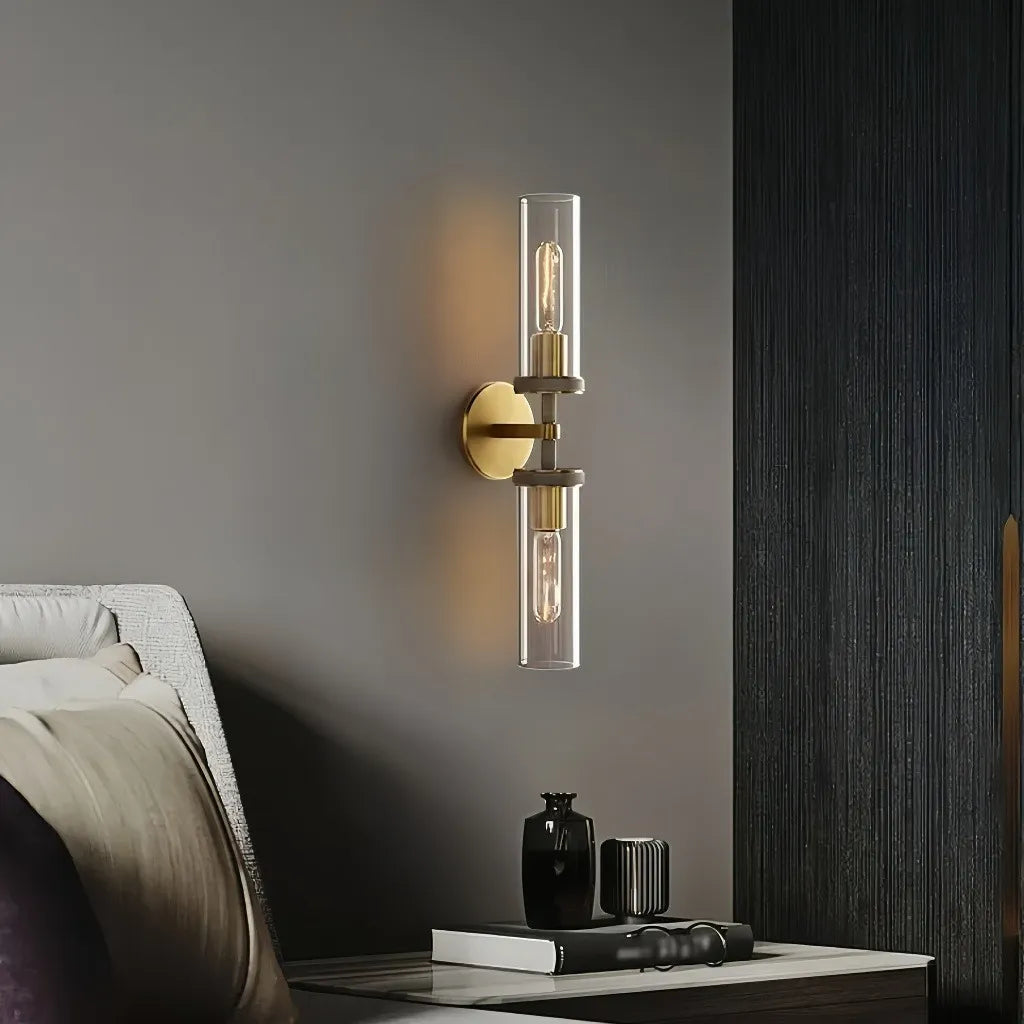 Applique art déco contemporanea in ottone e vetro dimmerabile dalla forma cilindrica per soggiorno