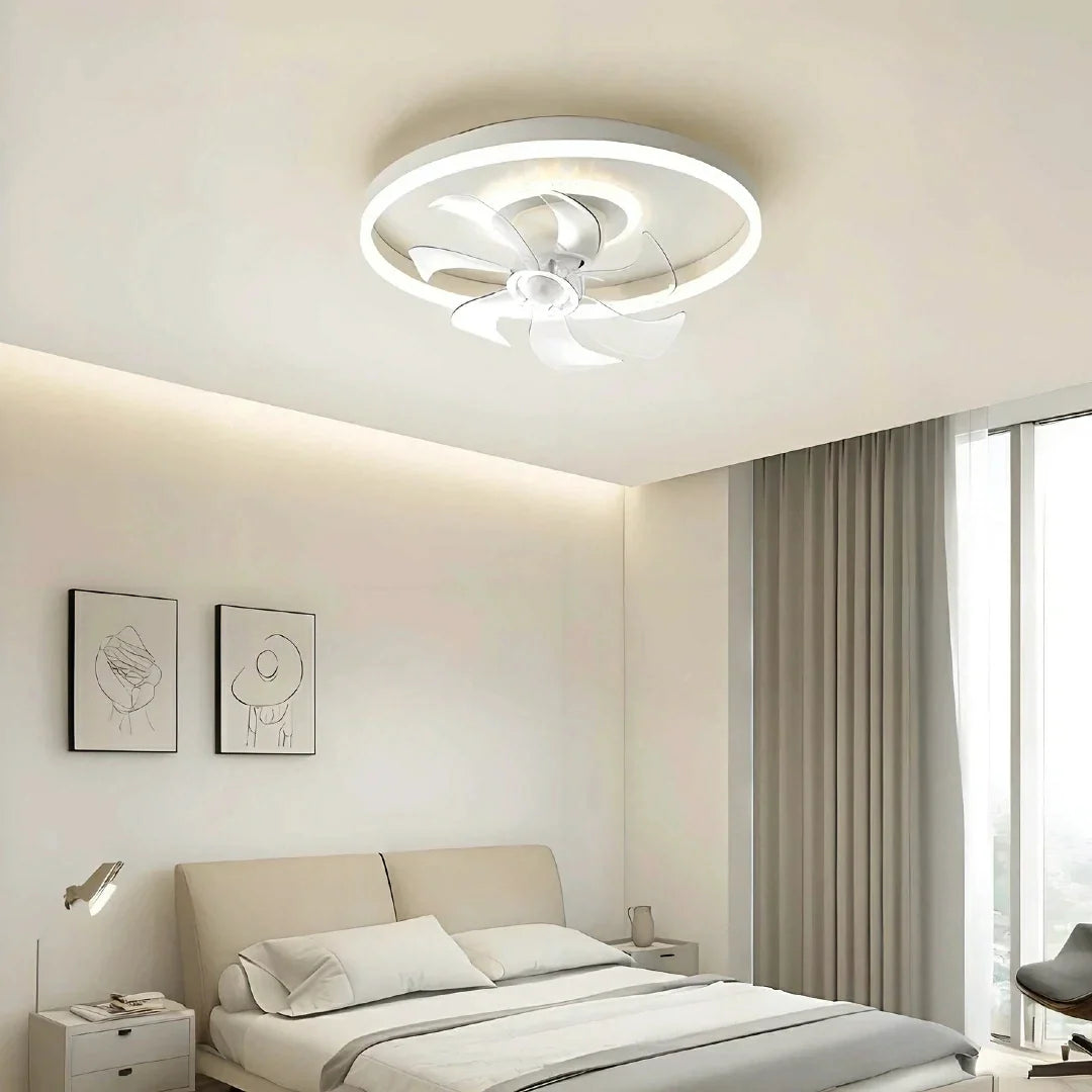 Ventilatore da soffitto silenzioso con pale e luce LED ad anello bianca per la camera da letto