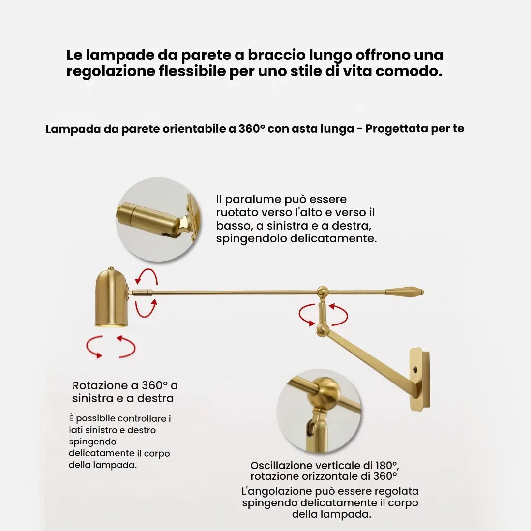 Applique a braccio lungo minimal vintage con braccio articolato orientabile e dimmerabile per soggiorno
