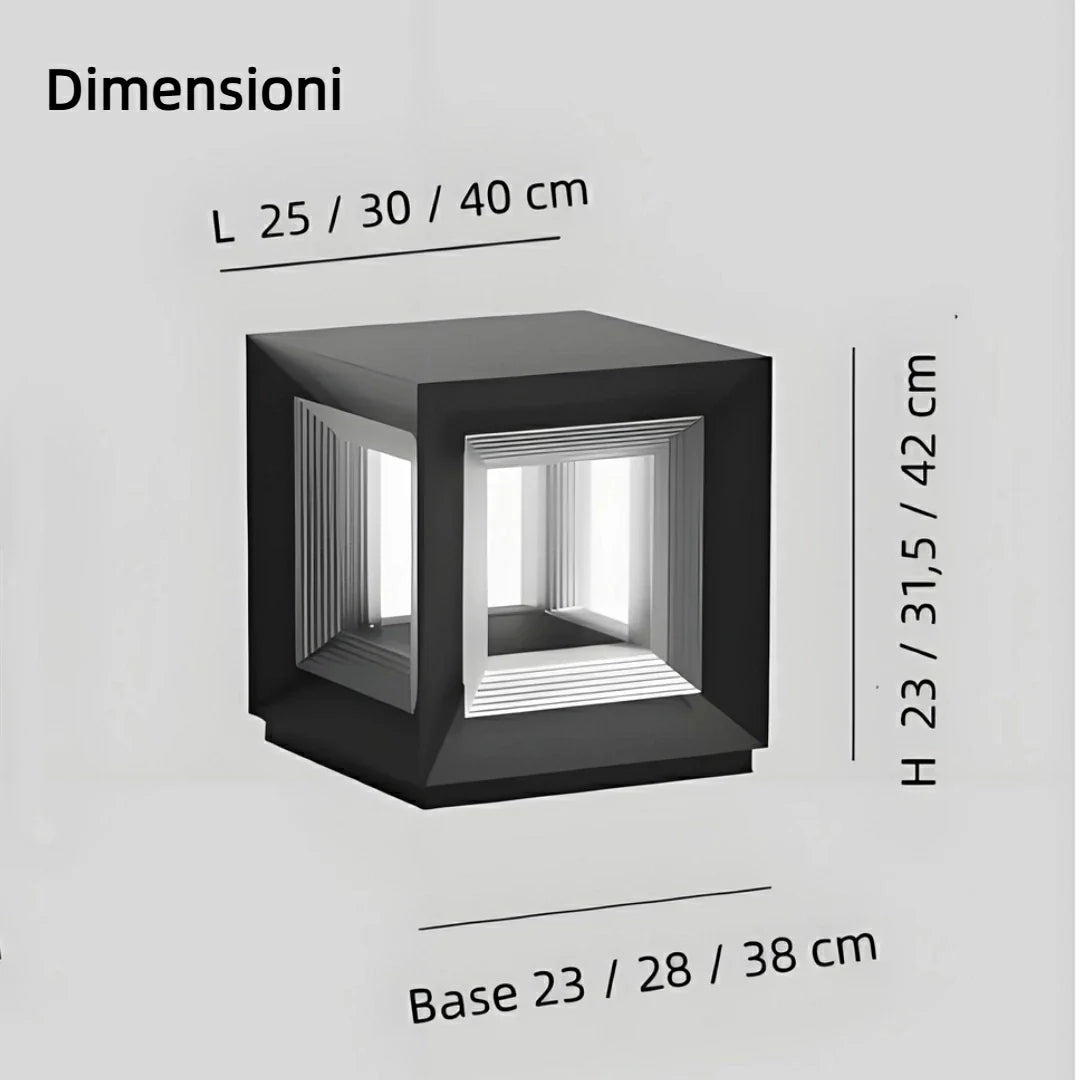 Lampada pilastro LED solare da esterno in metallo nero con struttura cubica aperta dal design moderno