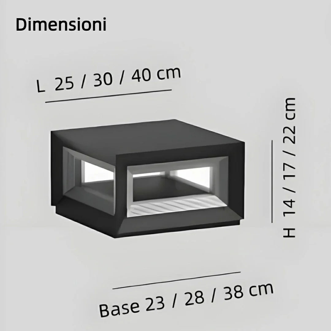 Lampada pilastro LED solare da giardino in metallo nero con struttura rettangolare aperta