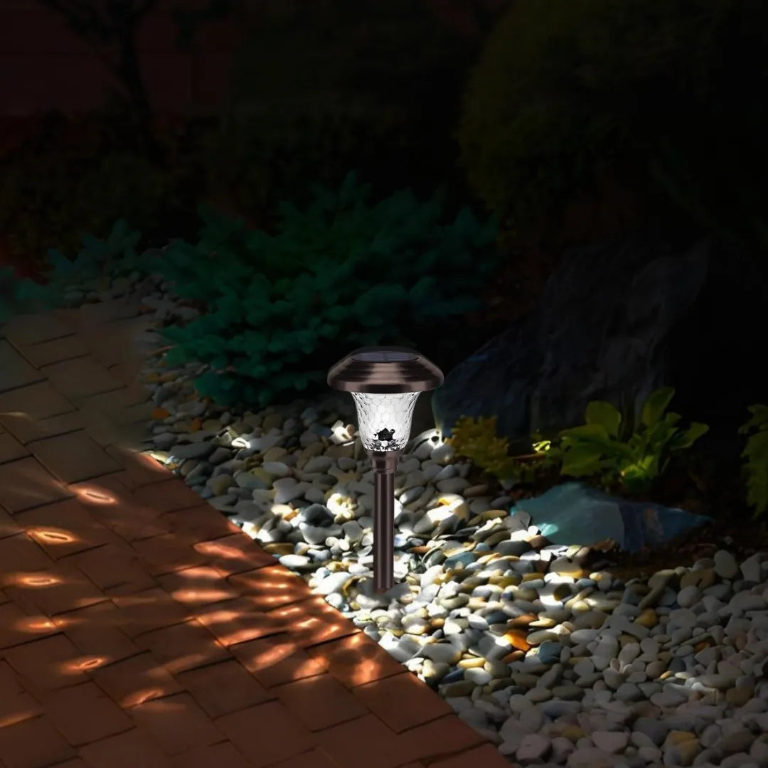 Lampioncino solare LED da giardino con vetro decorativo effetto giochi di luce e picchetto