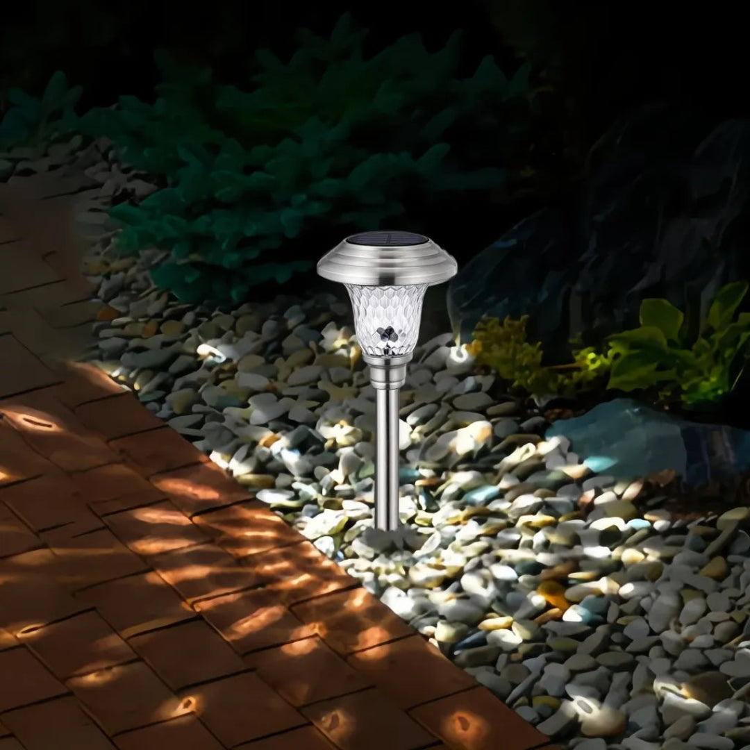 Lampioncino solare LED da giardino con vetro decorativo effetto giochi di luce e picchetto