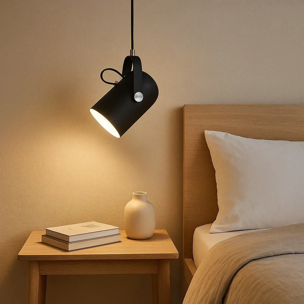 Faretto a sospensione orientabile cilindrico moderno LED in metallo per comodino