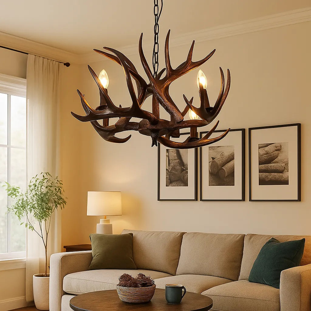 Lampadario con corna di cervo a più luci effetto candelabro stile chalet per soggiorno